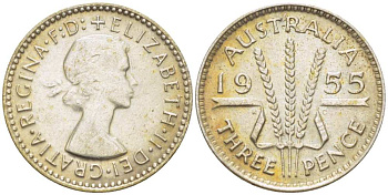 Австралия 3 пенса 1955 m, Елизавета II (1952-2022) KM 57 серебро 4516-148