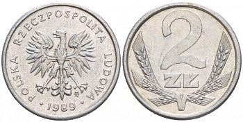 Польша 2 злотых 1989 MW, Народная Республика KM 80.3, Parchimowicz 219a алюминий 4547-1135