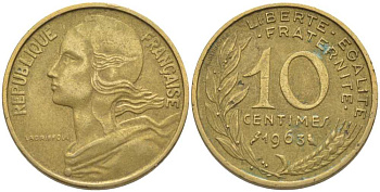 ФРАНЦИЯ 10 САНТИМОВ 1963 ТИП MARIANE KM 929, LE FRANC 144.3 алюминиевая бронза 116-418