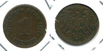 ГЕРМАНИЯ 1 ПФЕННИГ 1911 E KM 10, J. 10 медь 701-335