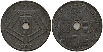 Бельгия 10 сантимов 1942 Belgie - Belgique, Леопольд III (1934-1947), германская оккупация, Вторая мировая война KM 126 цинк 4161-333