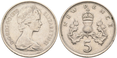 Великобритания 5 пенсов 1970 Елизавета II (1952-2022) KM 911, Spink 4233 (D1) медно-никель 4586-1145