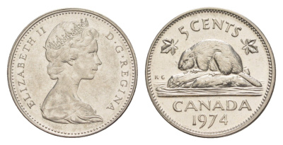 Канада 5 центов 1974 Елизавета II (1952-2022), бобр KM 60.1 никель 4639-461