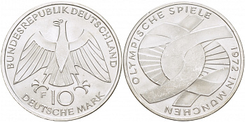 ФРГ 10 марок 1972 F, XX летние Олимпийские игры 1972 года в Мюнхене, символика KM 131, J.402 серебро UNC 4127-114