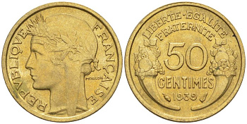 ФРАНЦИЯ 50 САНТИМОВ 1939 ТИП MORLON KM 894.1, LE FRANC 192.15 алюминиевая бронза 44-849