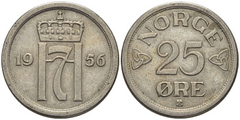 НОРВЕГИЯ 25 ЭРЕ 1956 KM 401 медно-никель 100-127