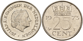 Нидерланды 25 центов 1973 Юлиана (1949-1980) KM 183 никель    4598-511