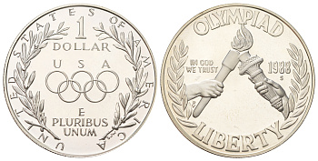 США 1 доллар 1988 S, XXIV летние Олимпийские Игры, Сеул 1988 KM 222 серебро PROOF 1-5-3-09