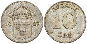 Швеция 10 эре 1927 W, Густав V (1907-1950) KM 780 серебро 116-1152