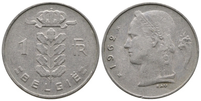 БЕЛЬГИЯ 1 ФРАНК 1962 BELGIE KM 143.1 медно-никель 4382-1136
