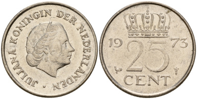 Нидерланды 25 центов 1973 Юлиана (1949-1980) KM 183 никель    4598-511
