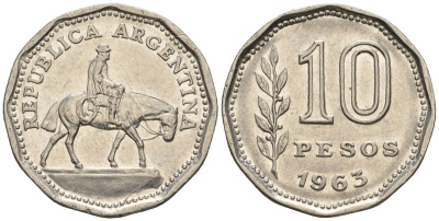 Аргентина 10 песо 1963 Гаучо KM 60, Schon 60, CJ 283 никелированная сталь    60-941