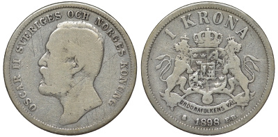 Швеция 1 крона 1898 Оскар II (1872-1907) король Швеции и Норвегии KM 760 серебро 1518-332