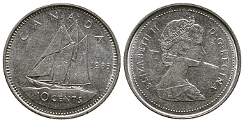 КАНАДА 10 ЦЕНТОВ 1985 ПАРУСНИК, ЕЛИЗАВЕТА II KM 77.2 никель 35-137