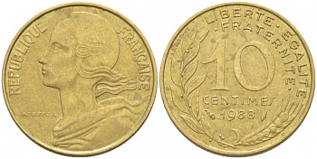 ФРАНЦИЯ 10 САНТИМОВ 1988 ТИП MARIANNE KM 929 медь алюминий никель 3309-1063