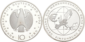ФРГ 10 евро 2002 F, введение европейской валюты KM 215, DE.S. 10.1 серебро PROOF 01-345-32