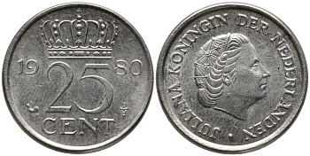 НИДЕРЛАНДЫ 25 ЦЕНТОВ 1980 ЮЛИАНА KM 183 никель 112-747