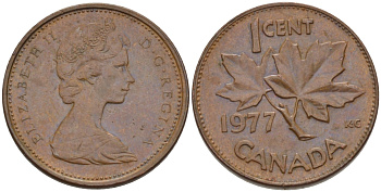 Канада 1 цент 1977 Елизавета II (1952-2022), кленовый лист KM 59.1 бронза 4608-428
