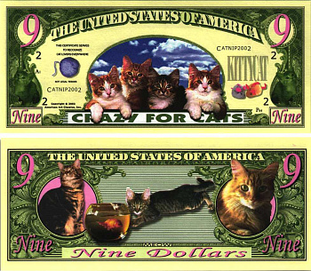 США 9 ДОЛЛАРОВ 2002 СУВЕНИРНАЯ БАНКНОТА, ЛЮБИТЕЛИ КОШЕК бумага UNC (ПРЕСС) 7198-39-1-1