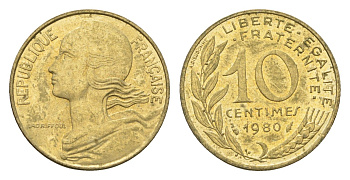 Франция 10 сантимов 1980 KM 929 алюминиевая бронза 4674-614
