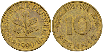 ФРГ 10 пфеннигов 1990 A J. 383, KM 108 сталь плакированная латунью    4603-624
