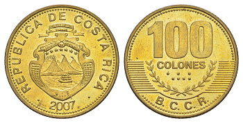Коста-Рика 100 колонов 2007 KM 240a сталь плакированная латунью UNC 4642-955