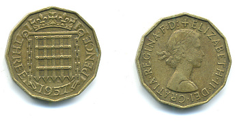 Великобритания 3 пенса 1957 Елизавета II (1952-2022) KM 900, Spink 4153 никель латунь 4383-315