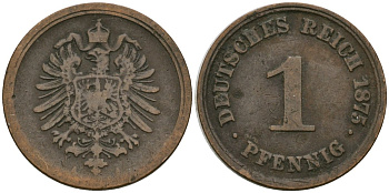 Германия 1 пфенниг 1875 A, Вильгельм I (1871-1888) KM 1, J. 1 медь 4602-216