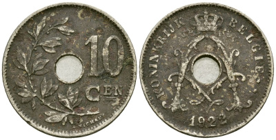 Бельгия 10 сантимов 1922 Belgie KM 86 медно-никель 4172-646