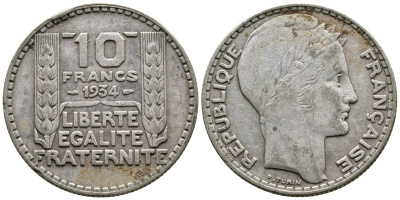 Франция 10 франков 1932 Пьер Тюрен KM 878, Le Franc 360.5 серебро 79-1526