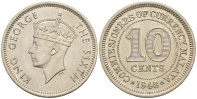 Британская Малайя 10 центов 1948 Георг VI (1937-1952) KM 8 медно-никель 4516-717