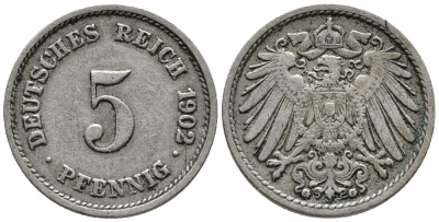ГЕРМАНИЯ 5 ПФЕННИГОВ 1902 G KM 11, J. 12 медно-никель 39-757