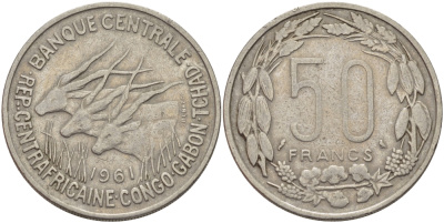 ЭКВАТОРИАЛЬНО-АФРИКАНСКИЕ ШТАТЫ 50 ФРАНКОВ 1961 КОНГО, ГАБОН, ЧАД KM 3 медно-никель 82-844