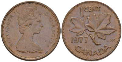 Канада 1 цент 1977 Елизавета II (1952-2022), кленовый лист KM 59.1 бронза 4608-428