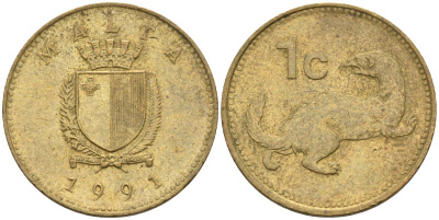 Мальта 1 цент 1991 ласка, горностай KM 93 никель латунь 4585-1168