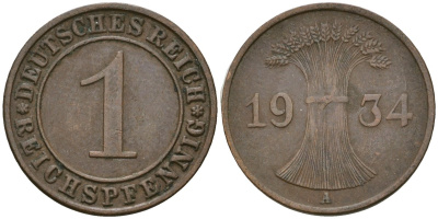 Германия 1 рейхспфенниг 1934 A KM 37, J. 313 бронза 4189-1241