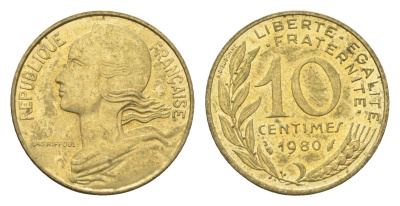 Франция 10 сантимов 1980 KM 929 алюминиевая бронза 4674-614