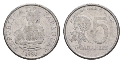Парагвай 5 гуарани 1980 KM 166 нержавеющая сталь 4651-915