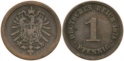 Германия 1 пфенниг 1875 A, Вильгельм I (1871-1888) KM 1, J. 1 медь 4602-216