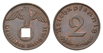 Германия 2 рейхспфеннига 1938 B, редкий монетный двор KM 90, J. 362 бронза 4655-644