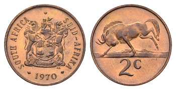 ЮАР 2 цента 1970 герб, антилопа гну KM 83 бронза UNC 4622-434