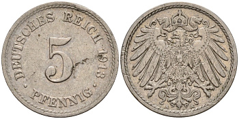 Германия 5 пфеннигов 1913 A KM 11, J. 12 медно-никель 4151-537