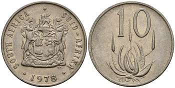 ЮАР 10 центов 1978 герб, цветок алоэ KM 85 никель 4156-935