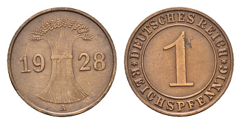 Германия 1 рейхспфенниг 1928 A KM 37, J. 313 бронза 4630-1031