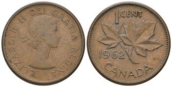 Канада 1 цент 1962 Елизавета II (1952-2022), кленовый лист KM 49 бронза 4164-621