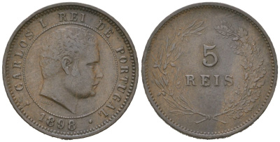 Португалия 5 реалов 1898 Карлуш I (1889-1908), редкий год KM 530 бронза 4611-248