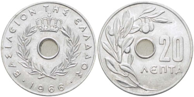 Греция 20 лепта 1966 Константин II (1964-1974), оливковая ветвь KM 79 алюминий 4182-1114