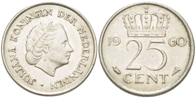 НИДЕРЛАНДЫ 25 ЦЕНТОВ 1960 ЮЛИАНА (1948-1980) KM 183 никель 214-931