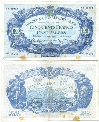 БЕЛЬГИЯ 500 ФРАНКОВ 1938 Pick 109 бумага 6289-51-1