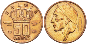 БЕЛЬГИЯ 50 САНТИМОВ 1998 BELGIE, БОДУЭН I (1951-1993) KM 149.1 бронза 214-669